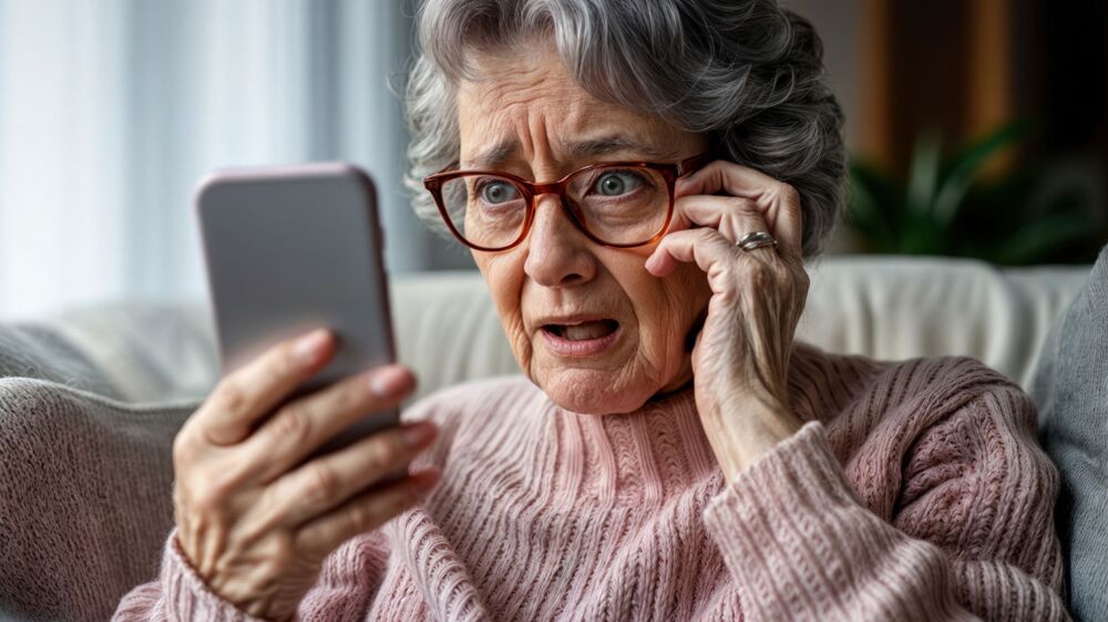 alte Dame guckt erschrocken auf ihr Handy